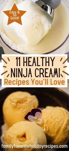 two scoops of ice cream in a bowl with the words healthy ninja cream recipes you'll love