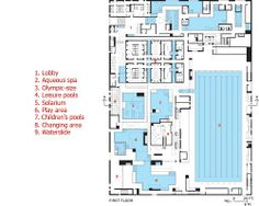 the floor plan for an indoor swimming pool in a building with multiple levels and different rooms