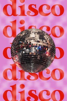 a disco ball with the words disco disco on it in red and pink colors against a purple background