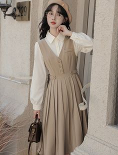 Khaki Suit, School Uniform Outfits, Dress Name, Look Retro, Plain Shirt, Prom Dress Inspiration, Vintage Blouse, Khaki Dress, Cute Comfy Outfits