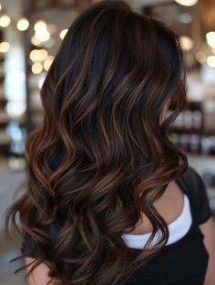 Dark Brown Hair Medium Brown Highlights, Balayage For Chocolate Brown Hair, Black With Chocolate Balayage, Darker For Fall Hair, Coffee Brown Balayage On Black Hair, Highlighted And Lowlighted Hair, No Bleach Dark Hair Color, Caramel Balayage Brunette Dark, Hair Colour On Black Hair Without Bleach