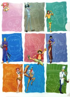 an image of some cartoon characters in different colors and sizes on a white paper background