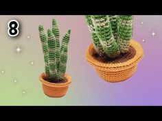 two crocheted cactus plants sitting on top of each other in small pots next to each other