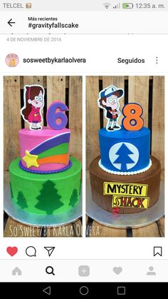 two colorful cakes with numbers on them sitting on top of a wooden table next to each other