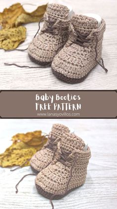 crocheted baby booties are shown with leaves on the floor and in front