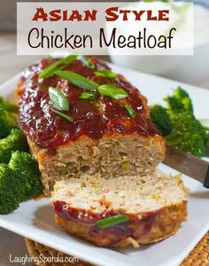 meatloaf with sauce and broccoli on a plate