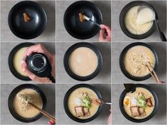 six pictures showing how to make soup with chopsticks and an egg in a skillet