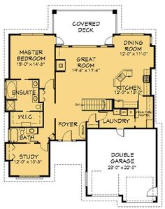 the first floor plan for a house with two master suites and an attached garage area