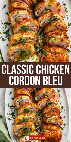 chicken cordon bleu on a white plate with parsley garnish