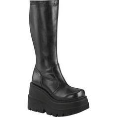 Embrace your own unique look without any need for compromise wearing the Demonia Shaker-65 Knee High Wedge Heel Boot. This tall wedge boot features a full-length back metal zipper closure, and is designed to stand out and reflect your love for alternative fashion. Features and Benefits Vegan-friendly Back metal zipper closure Synthetic insole Synthetic outsole Size: 8.  Color: Multicolor.  Gender: unisex.  Age Group: adult. Demonia Shaker, Stretch Knee High Boots, Boots Shoes Women, Demonia Shoes, Women's Motorcycle Boots, Cool Autumn, Dr Shoes, Punk Boots, Women Footwear