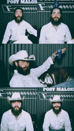 four different shots of a man with a long beard and wearing a cowboy hat, holding a coffee mug