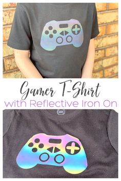 a child wearing a t - shirt that has a video game controller on it and the words, gamer t - shirt with reflective iron on