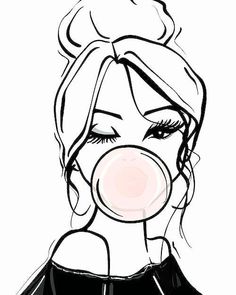 a drawing of a woman with a bubble in her mouth and the nose is pink