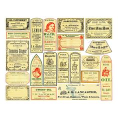 an assortment of different types of labels and stickers on paper, including one with a woman's face