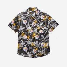 Floral is the new black. The Pittsburgh Steelers Black Floral Button Up Shirt may feature a dark look, but there will be nothing stealthy about your outfit with style this bold. Features All-over black design with repeat team logo display, in case there were any doubts where your allegiances lie Team-colored palm tree accents throughout for some tropical goodness Button-up structure so you can button-up and party down Left chest pocket to help you carry your phone, pen, or a little extra team sp Black Button-up Camp Shirt For Streetwear, Black Shirt With Button Closure For Streetwear, Black Button Closure Shirt For Streetwear, Black Relaxed Fit Camp Shirt With Button Closure, Black Relaxed Fit Shirt With Buttons, Black Button-up Camp Shirt, Black Button-up Camp Shirt With Button Closure, Black Relaxed Fit Shirt With Button Closure, Casual Black Camp Shirt With Button Closure