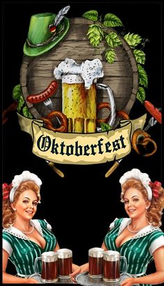 two women in green dresses holding mugs of beer with the words oktoberfest