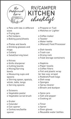 the rv camper kitchen checklist is shown in this black and white printable