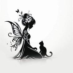 a black and white silhouette of a fairy with a cat