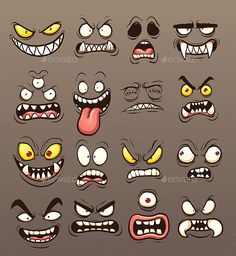 cartoon monster faces with different expressions and mouths, set of various facial expressions on dark background