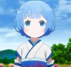 an anime character with blue hair holding a box in front of trees and flowers on a sunny day