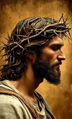 the face of jesus with crown of thorns on it's head, against a gold background