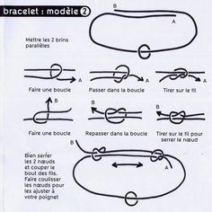 instructions on how to tie a braclet in french, with pictures and text below