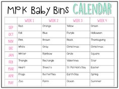 a printable calendar for the baby's first year with words and numbers on it