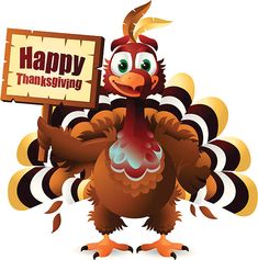 a cartoon turkey holding a happy thanksgiving sign