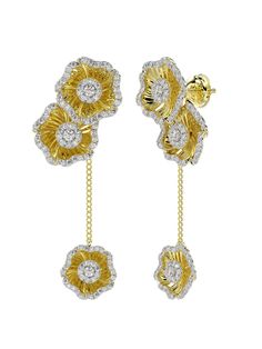 The Halo Flower Yellow Gold Drop Earrings feature a duo of yellow gold and natural diamond camellia-inspired flowers, complete with a third flower hanging from a rose gold chain. Yellow Gold Drop Earrings, Flower Hanging, Flower Yellow, Rose Gold Chain, Gold Drop Earrings, A Rose, Gold Chain, Natural Diamonds, Halo