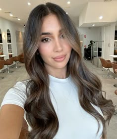 #brownhairbalayage #brownhaircolors Ash Brown Hair Highlights Brunettes, Natural Looking Balayage Brunettes, Winter Brown Balayage, Hailey Bieber Brunette Hair, Brown Hair Money Piece Highlights, Smoky Brunette Hair, Chocolate Brown Hair Balayage, Old Money Brunette Hair 2024, Brunnete Balayage Brunettes