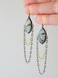 Sterling Silver Long Drop Jewelry With Silver Chain, Green Moss Agate Jewelry With Natural Stones, Sterling Silver Teardrop Chain Jewelry, Nature-inspired Dangle Gemstone Jewelry, Sterling Silver Long Drop Chain Jewelry, Long Drop Sterling Silver Chain Jewelry, Elegant Sterling Silver Long Drop Chain Jewelry, Elegant Long Drop Sterling Silver Chain, Chrysoprase Gemstone Drop Earrings