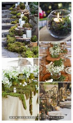 moss covered tables with candles and flowers in them