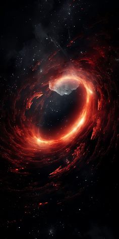 an artist's rendering of a black hole in the sky with red and white swirls