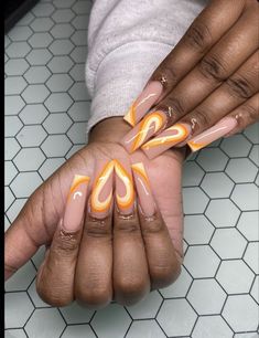 Classy Acrylic Nails, Long Acrylic Nails Coffin, Glam Nails, Acrylic Nails Coffin, Orange Nails, Yellow Nails, Birthday Nails, Fire Nails