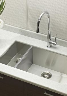 a stainless steel kitchen sink and faucet in a white countertop with a potted plant next to it