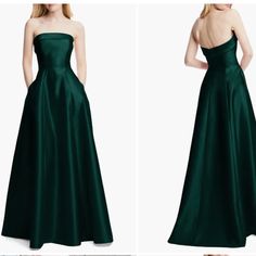 This Strapless Satin Gown With A Structured Bodice And Side-Slant Pockets Features A Twirl-Ready Full Circle Skirt. 54 1/2" Length Square Neck Strapless Lined 100% Polyester Dry Clean Or Hand Wash, Line Dry Imported 0-2, S=4-6, M=8-10, L=12-14, Xl=16-18 (14w-16w) Bust: 38" Waist: 31" Hips: 40" **New Without Tags** Green A-line Strapless Evening Dress, Fitted Green A-line Strapless Dress, Green A-line Evening Dress, Green Strapless Formal Dress, Elegant Green Strapless Floor-length Dress, Green Strapless Gown For Formal Occasions, Elegant Green Strapless Dress For Evening, Strapless Green Evening Dress For Cocktail, Green Strapless Evening Dress For Cocktail