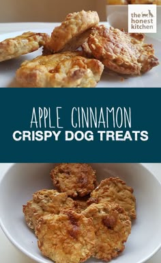 apple cinnamon crispy dog treats on a white plate with the title in blue above it