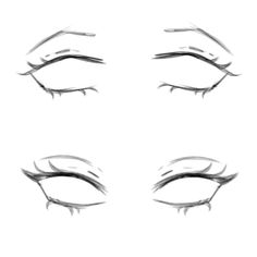 four different angles of the eyes with long lashes and one eyeliner drawn in pencil