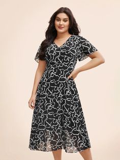 Chiffon Bowknot Print Ruffle Sleeve Midi Dress – BloomChic Short Sleeve Chiffon Dress With Ruffles For Party, Short Sleeve Chiffon Party Dress With Ruffles, Flowy Ruffle Hem Chiffon Dress In Chic Style, Short Sleeve Chiffon Dress With Ruffles, Casual Chiffon Dress With Ruffles For Party, Casual Party Chiffon Dress With Ruffles, Casual Chiffon Party Dress With Ruffles, Casual Chiffon Flutter Sleeve Dress, Casual Chiffon Dress With Flutter Sleeves