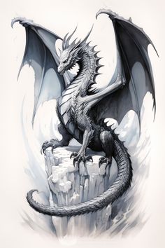 a black and white drawing of a dragon on ice