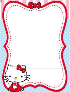 a hello kitty card with a red bow on the top and blue polka dots around it