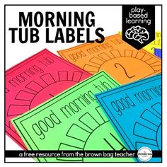 four different colored labels with the words morning tub labels on them in black and white