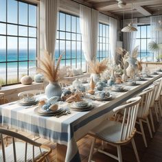 a dining room table set with blue and white dishes, place settings and vases