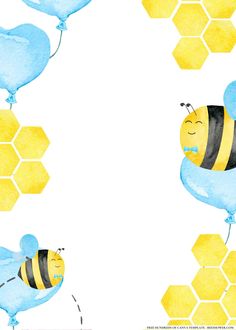 two bees are flying in the air with honeycombs around them and one is holding a balloon