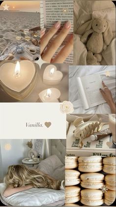 a collage of photos with candles, books and other items