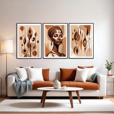 a living room with two paintings on the wall