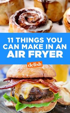 an air fryer with bacon and cheese on it, next to some buns