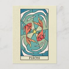 a tarot card with gold fish in the center and words pieces below it on a marble surface