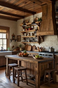 an old fashioned kitchen with wooden cabinets and counter tops, wood flooring, and open shelves on the wall