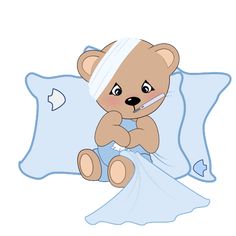 a brown teddy bear laying in bed with a thermometer on its head and bandaged arm